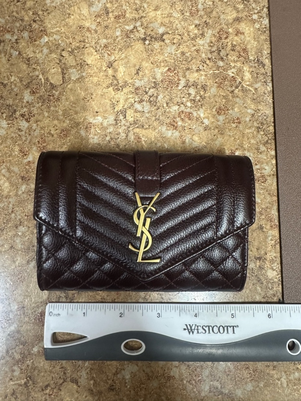 Saint Laurent Quilted Chevron & Diamond Wallet in Burgundy with Gold YSL - Picture 10 of 16